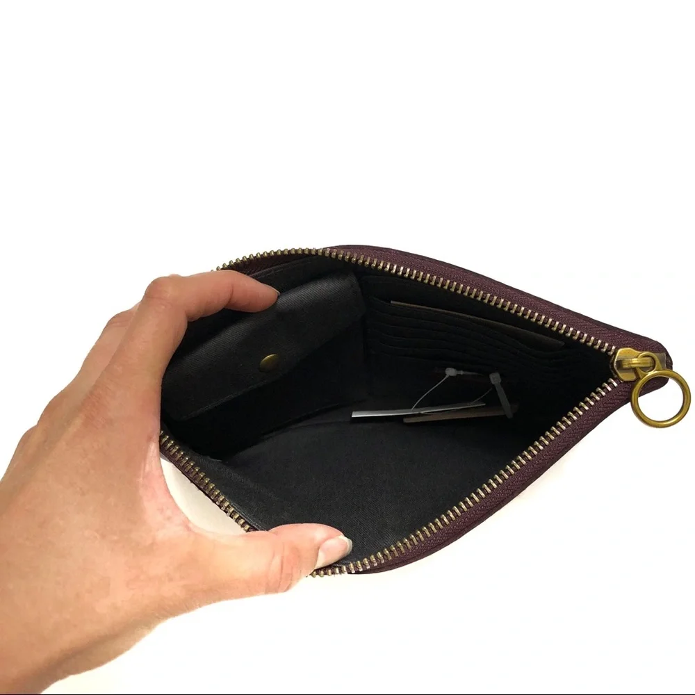 Madewell Burgundy Leather Zip Pouch Clutch with Gold Cactus Accent